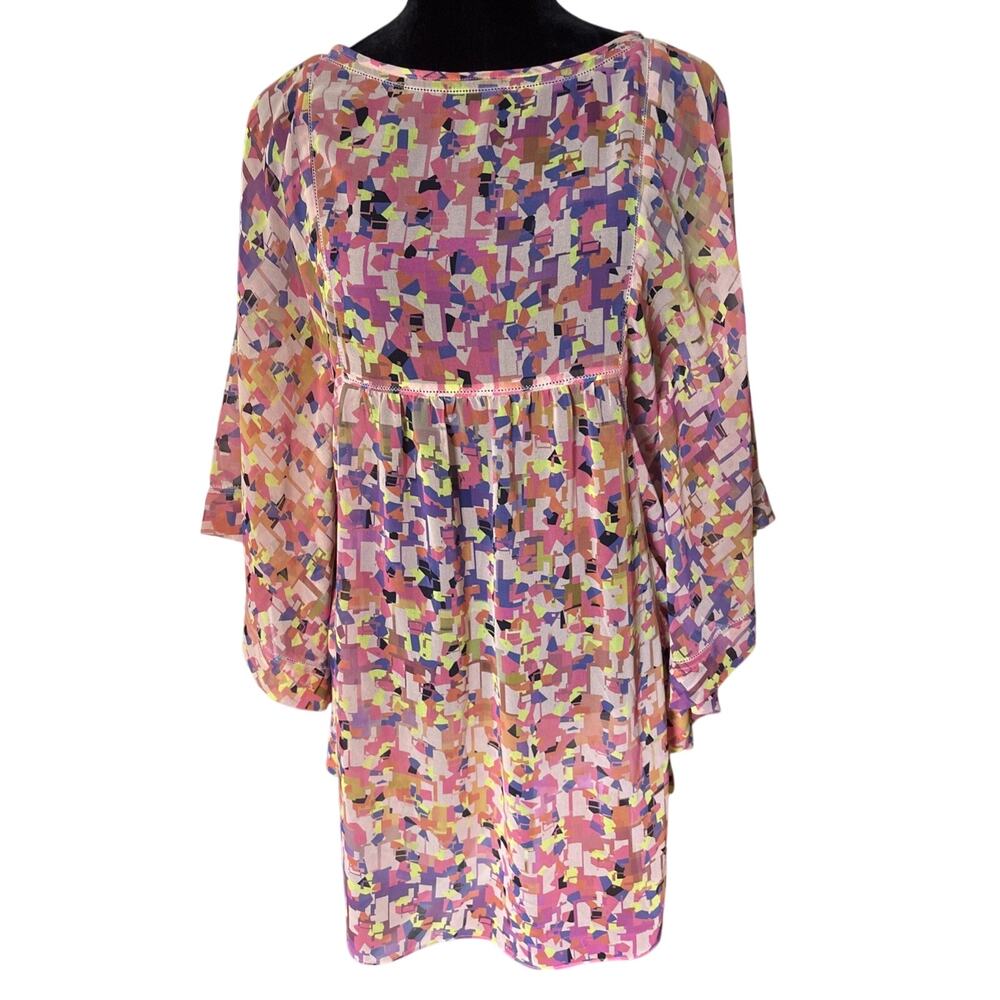 Trina Turk dress Swim Cover Up Tunic sz S silk sheer orange print butterfly slv
